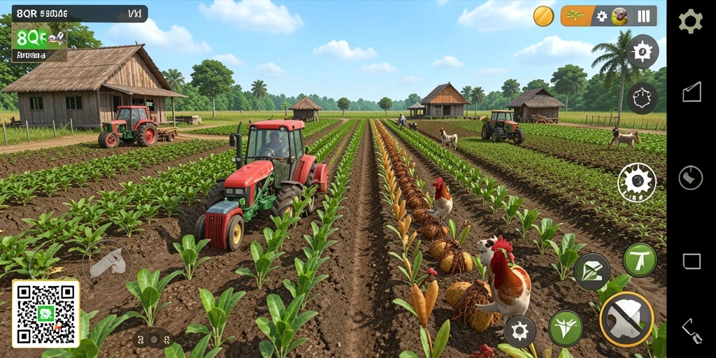 Gameplay seru dari 8QR yang menggambarkan kegiatan bertani.