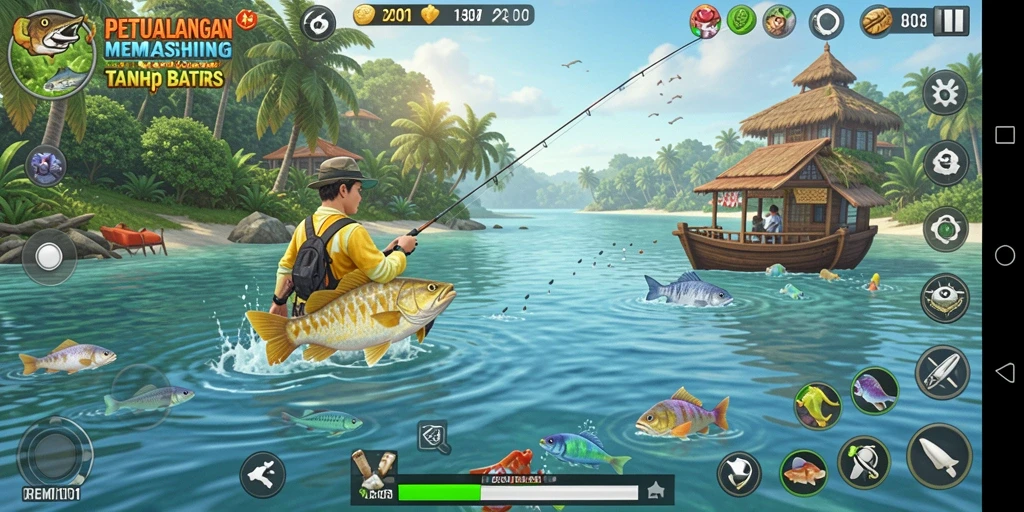 Screenshot utama REMI101 menampilkan pemain yang sedang memancing di danau yang indah.