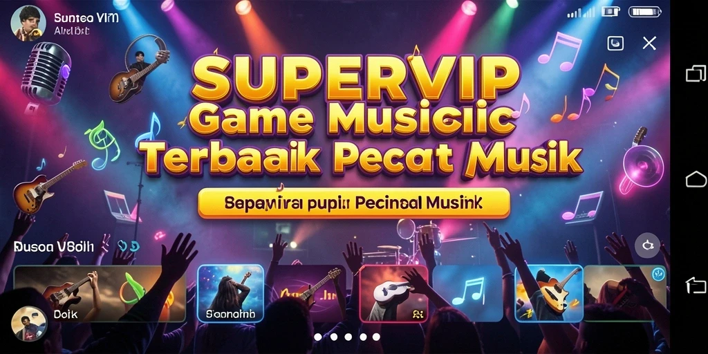 Screenshot menunjukkan antarmuka elegan SUPERVIP dengan fitur musik.